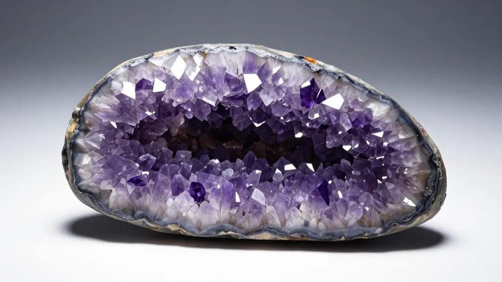 freshly cracked amethyst geode half, studio macro lighting