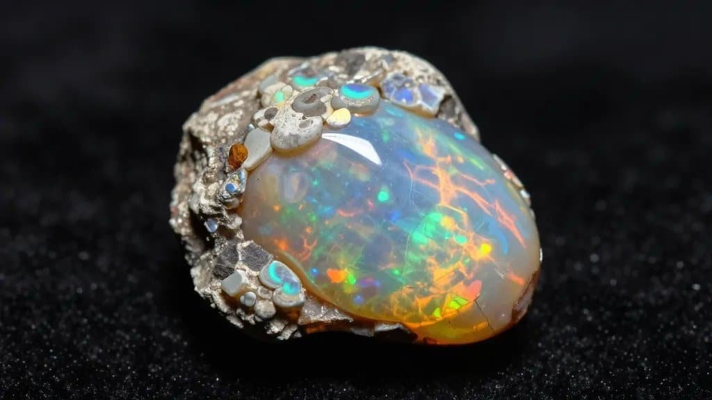 rough opal nodule showing bright fire, black velvet backdrop