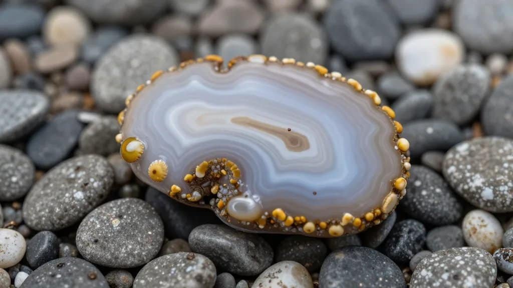Closeup of wet agate nodule on riverbed gravel