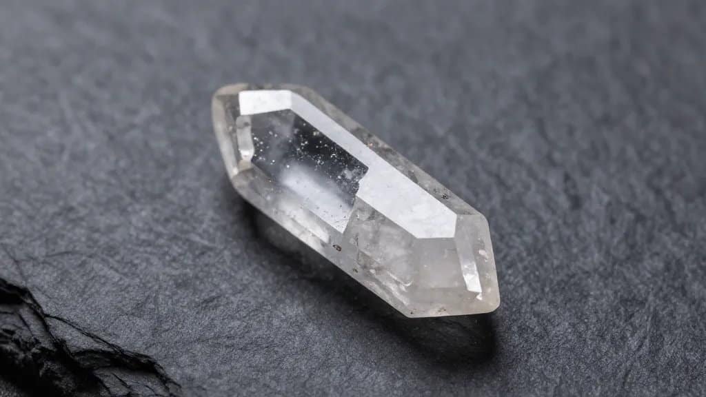 Single quartz crystal point on dark slate background