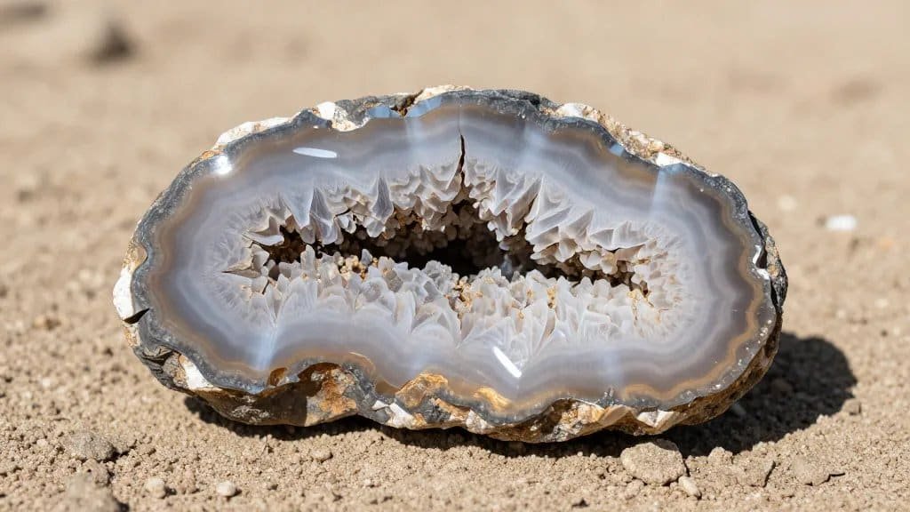 Freshly cracked geode half on sandy construction soil