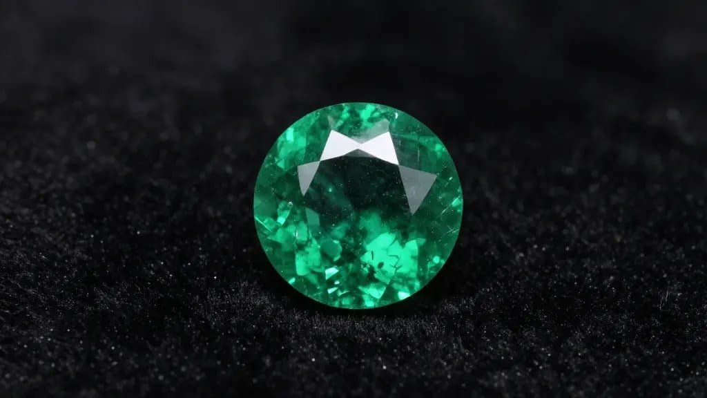 Closeup of a single Colombian emerald crystal on black velvet