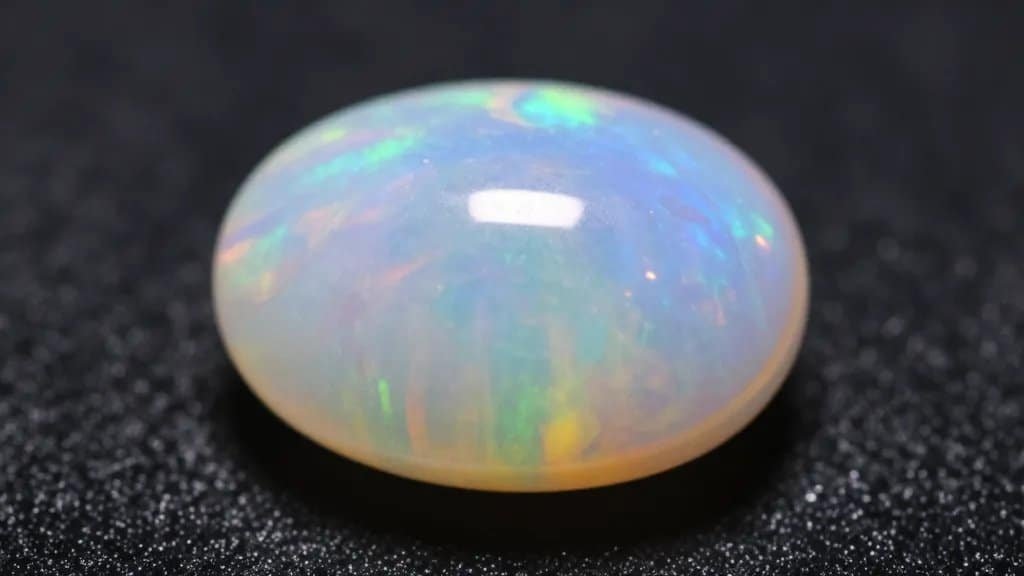 closeup opal cabochon displaying play-of-color on black backdrop