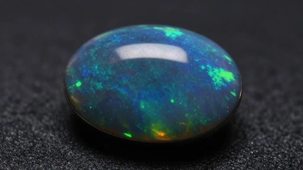 closeup of precious black opal cabochon, studio lighting