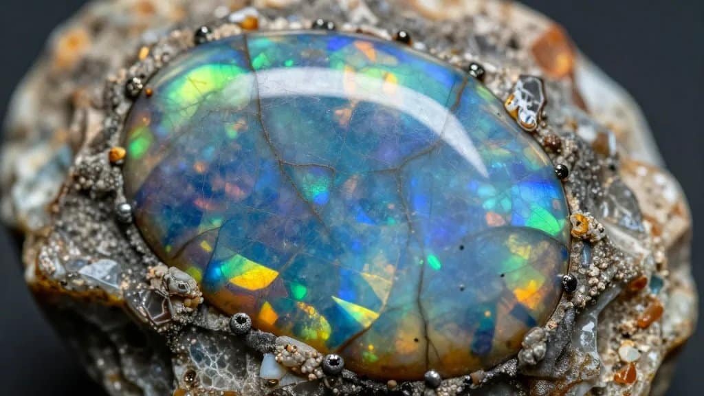 macro shot of vivid boulder opal vein in host rock