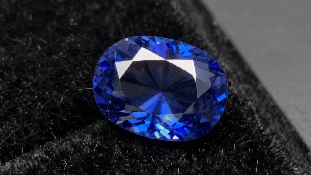 Polished sapphire gemstone closeup on black velvet