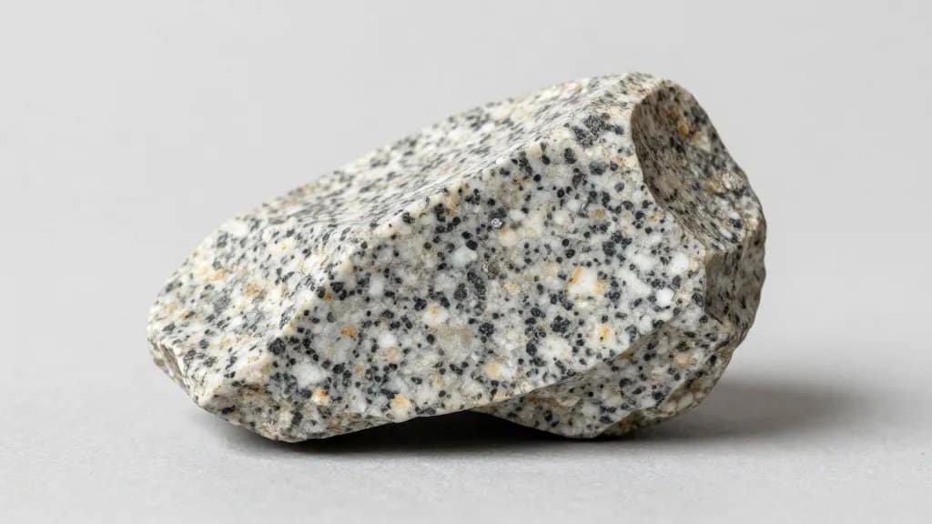 Raw granite hand specimen macro on neutral backdrop