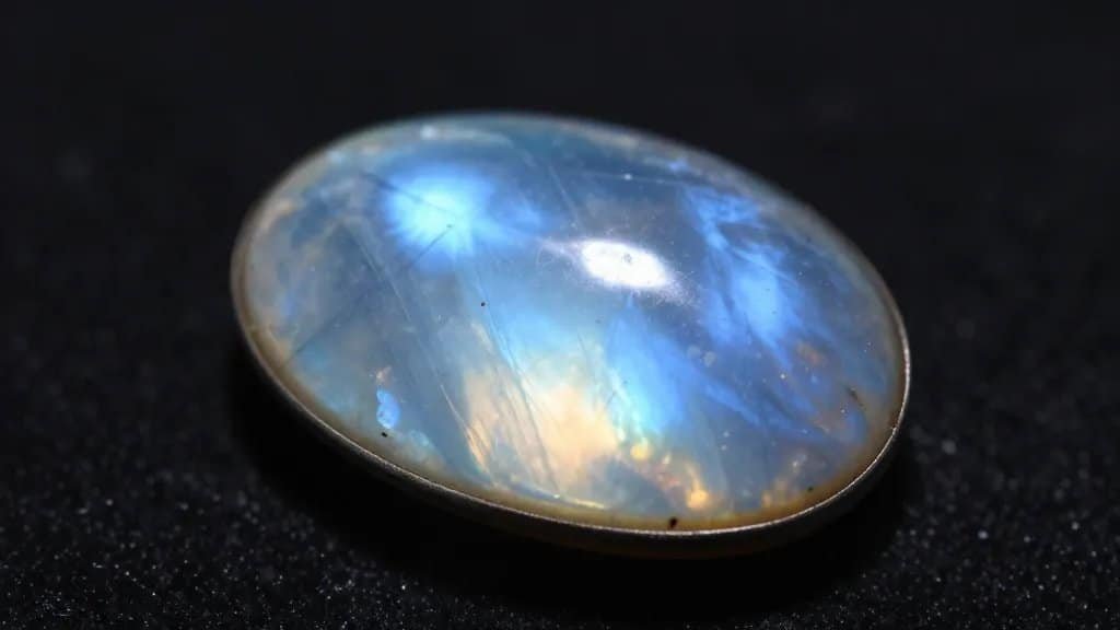 Single moonstone cabochon with blue adularescence, studio light