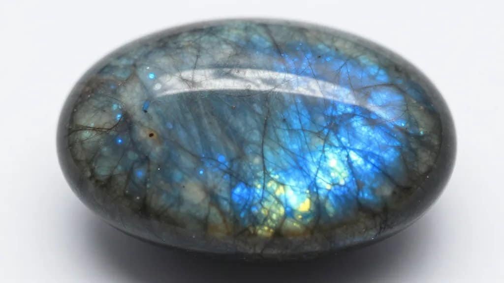 macro shot of iridescent labradorite cabochon showing blue flash