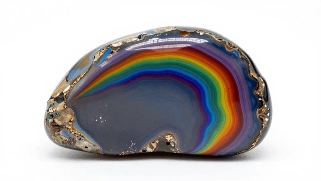 single polished ammolite fragment with vivid rainbow play of color