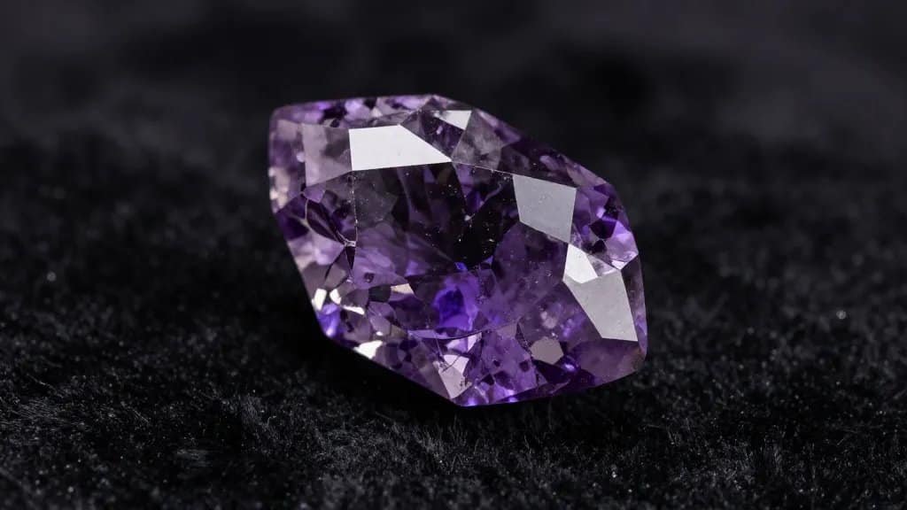 Polished amethyst crystal closeup on black velvet