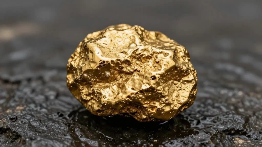 Raw gold nugget macro on wet river rock