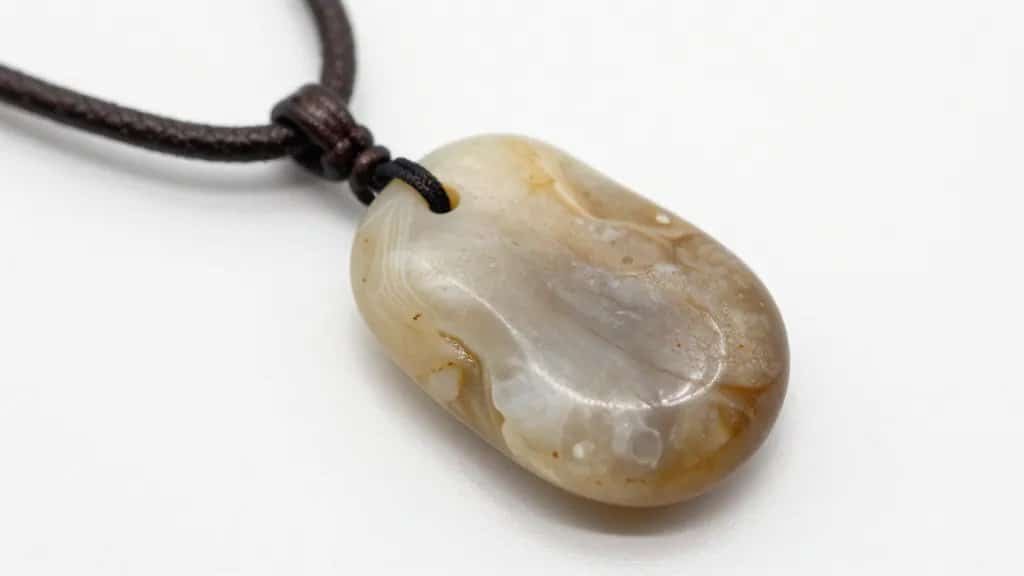 closeup of hand-polished beach pebble pendant on leather cord