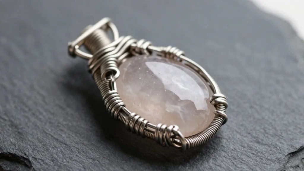 macro of wire-wrapped rose quartz cabochon against matte slate
