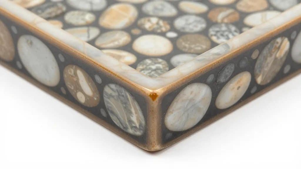 closeup of pebble-inlaid tray corner showing resin-finished grout