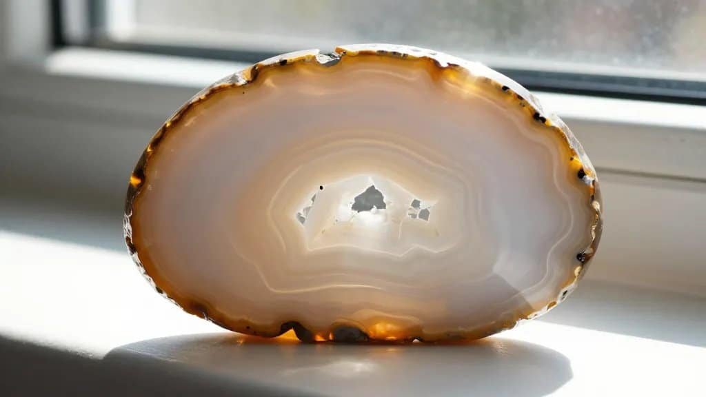 closeup polished agate slice glowing on sunny windowsill