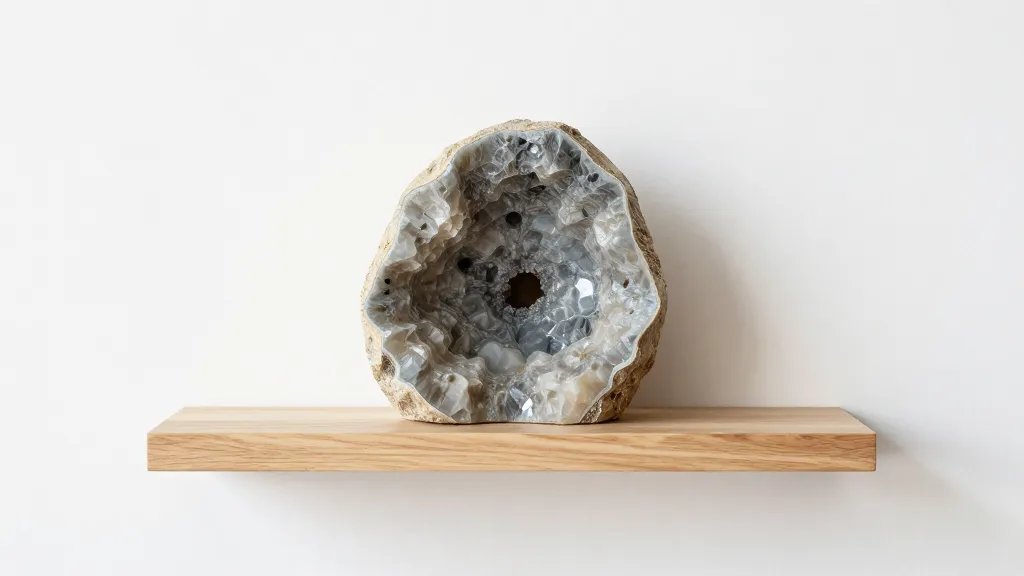 wall-mounted geode bookend on minimalist wooden shelf