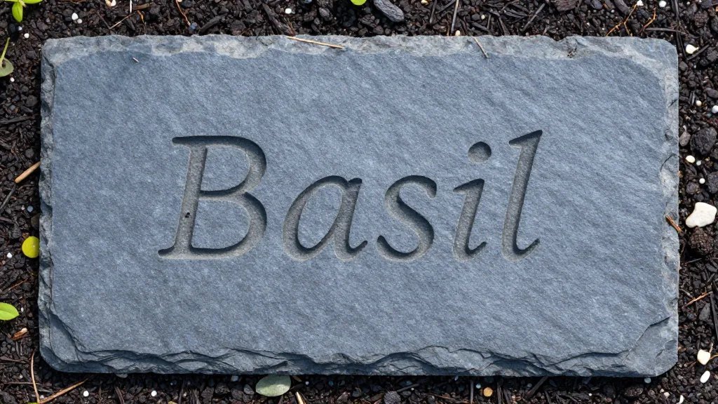 closeup agate garden marker etched “Basil” on slate soil