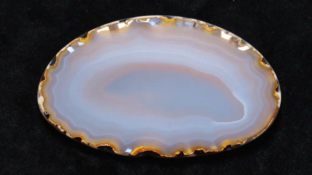 polished backyard agate slice on black velvet background