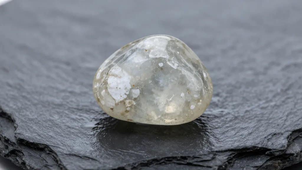 tumbled quartz pebble on wet slate surface, closeup