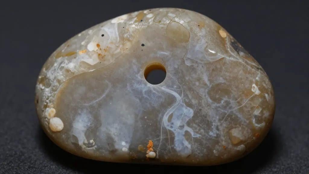 closeup river-polished pebble with drilled pendant hole