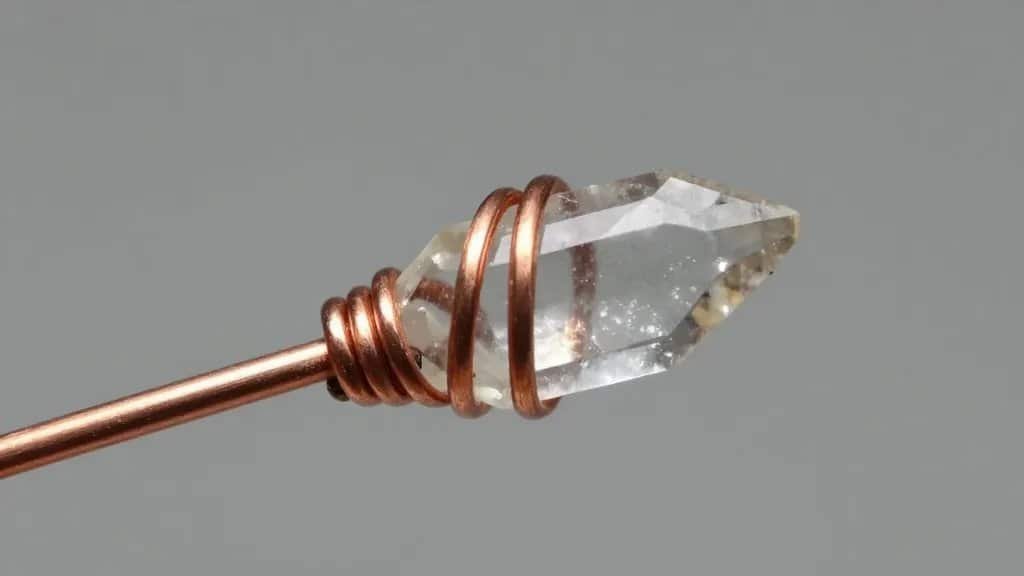 single quartz point wrapped in copper wire, macro shot
