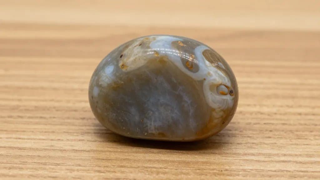 polished river pebble paperweight on matte oak desk