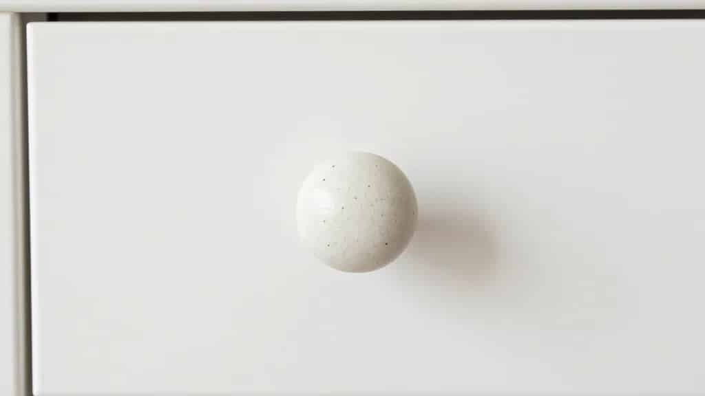 hand-sanded quartz cabinet knob against white shaker drawer