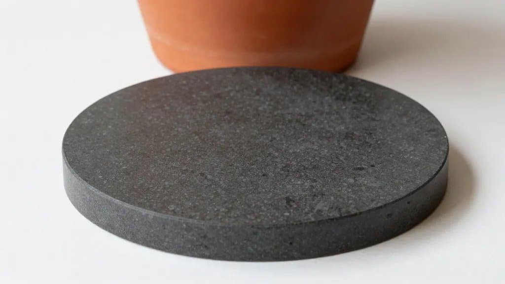 smooth basalt plant coaster under terracotta pot rim