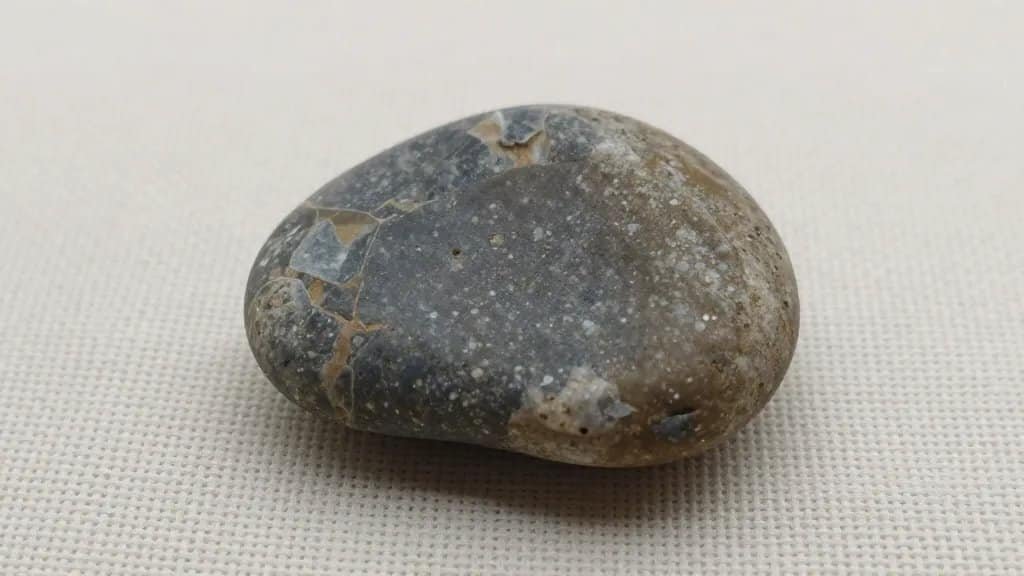closeup of tumbled river pebble worry stone on linen