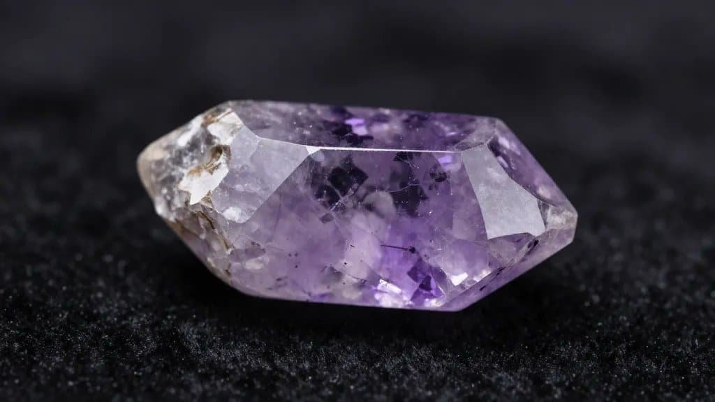 raw amethyst shard on black velvet, soft lavender reflections