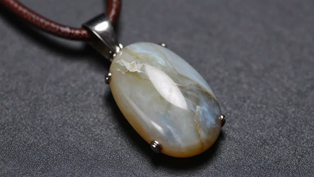 polished jasper cabochon pendant on leather cord, macro shot
