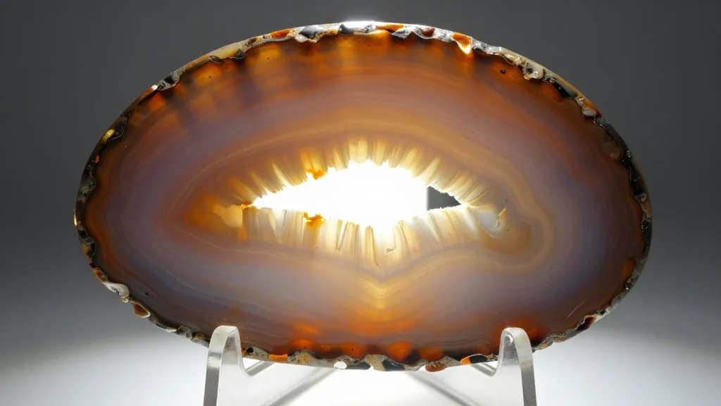 closeup polished agate geode slice backlit on acrylic stand
