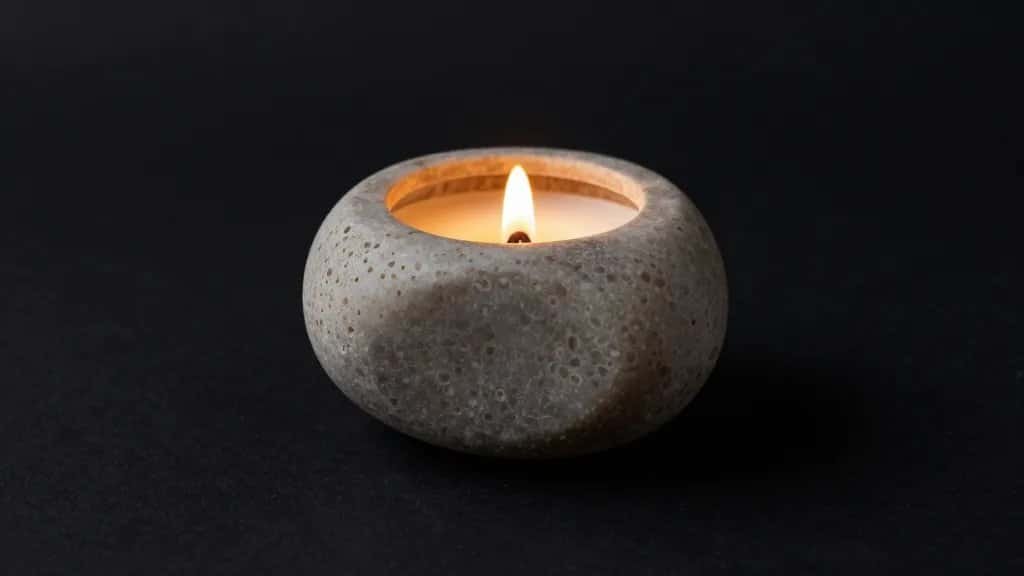 single river pebble candle holder lit, matte black background