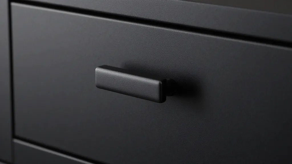 Single geode drawer pull on matte black cabinet