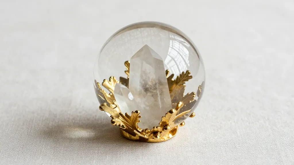 Gold-leafed quartz cluster paperweight on linen desk