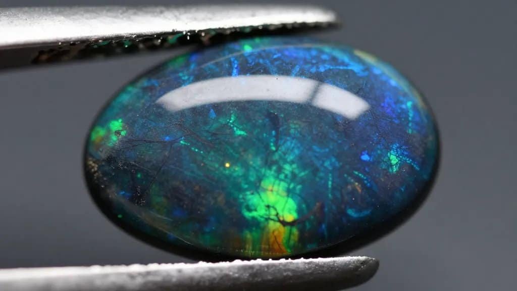 Black opal cabochon from Lightning Ridge, macro closeup