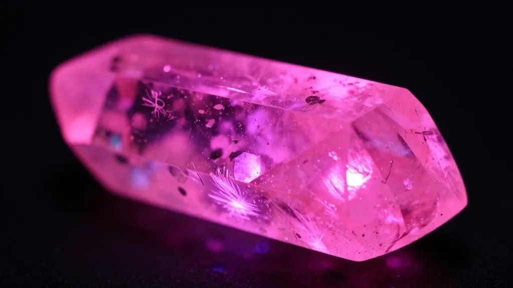 Closeup of UV-fluorescent calcite crystal glowing neon pink