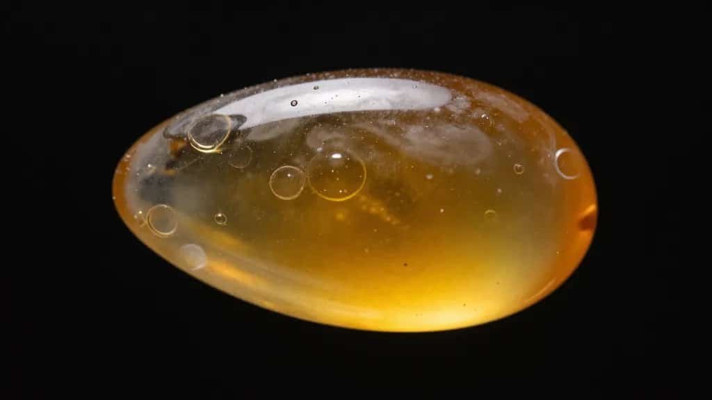 Single amber piece with trapped air bubble, studio-lit closeup