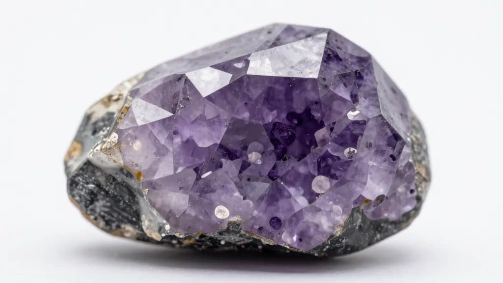 Macro of raw amethyst crystal face, studio-lit