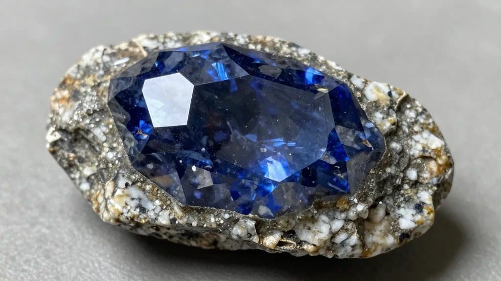 rough sapphire crystal embedded in weathered granite, macro