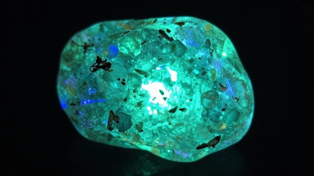 Franklin, NJ fluorite glowing under UV light, macro closeup