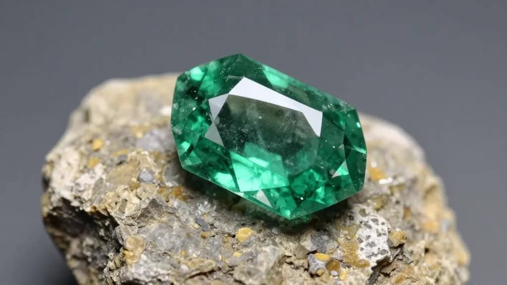 Single raw emerald crystal in host rock, macro shot
