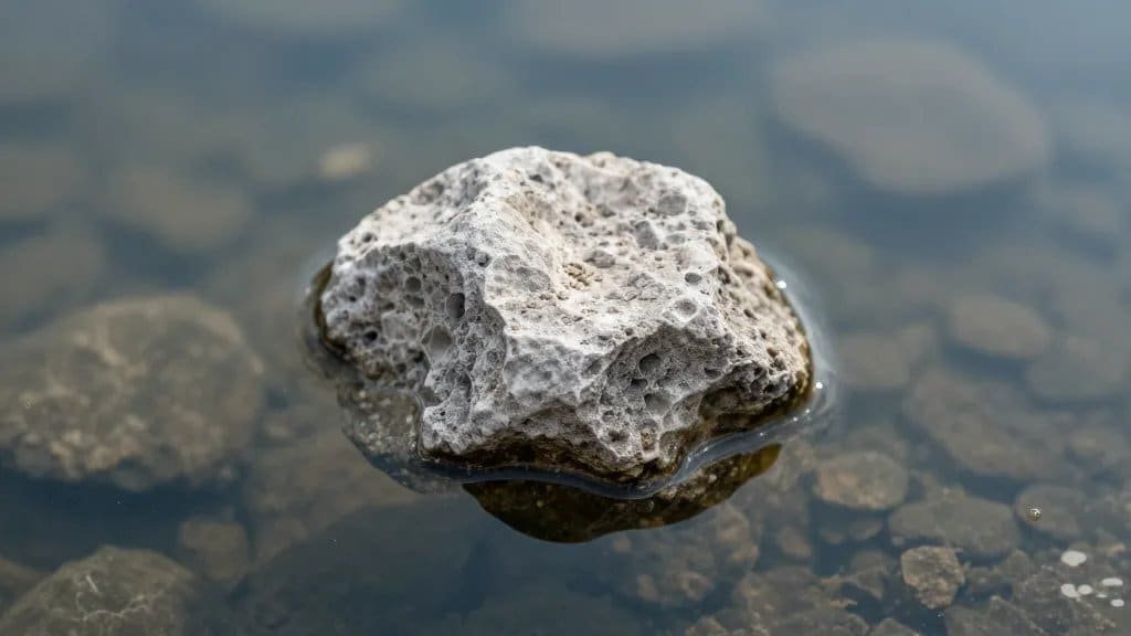 Single rough pumice stone floating in clear water closeup