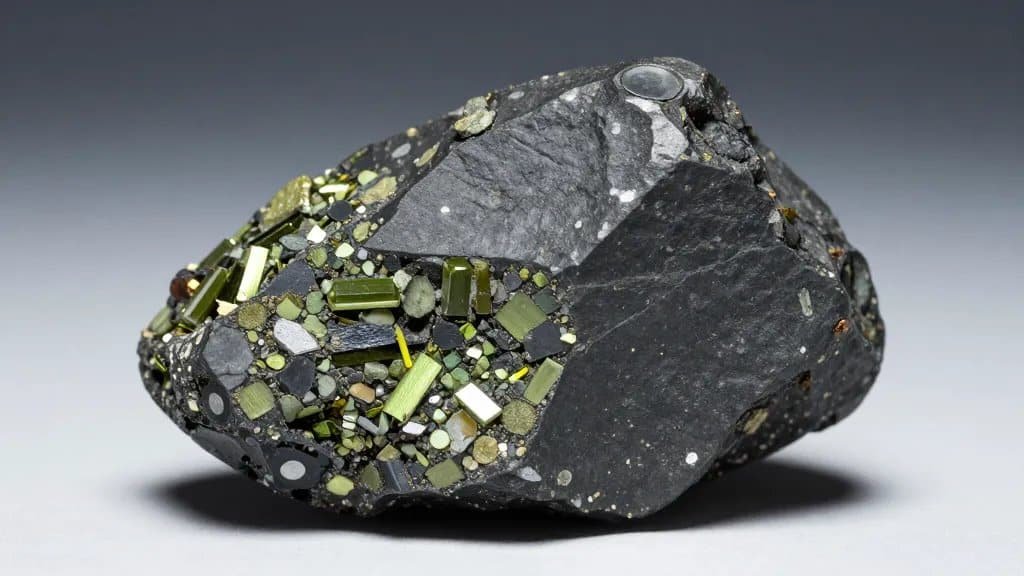 basalt hand specimen with visible olivine phenocryst, studio lit