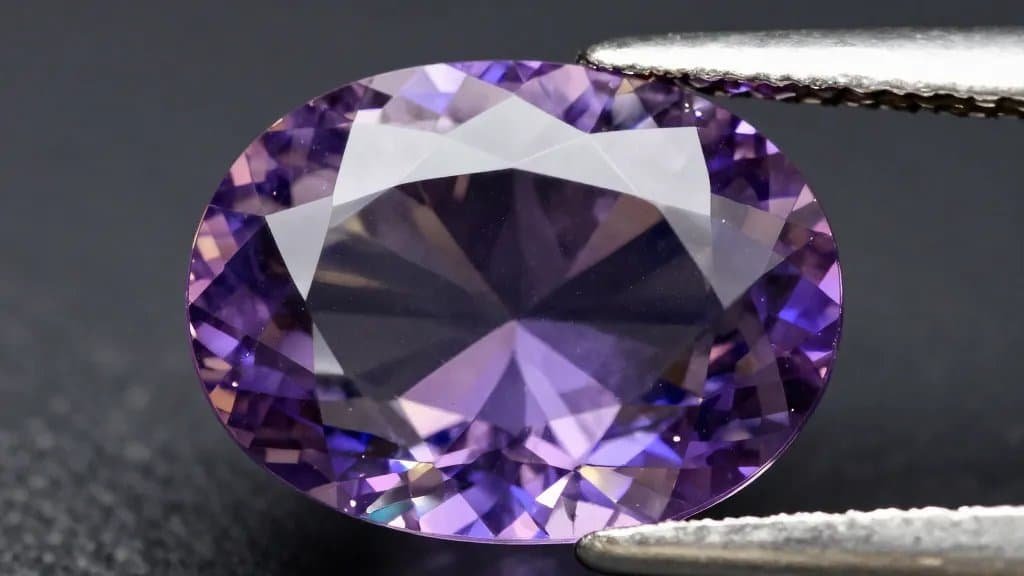 Macro of alexandrite gemstone shifting color under dual lighting