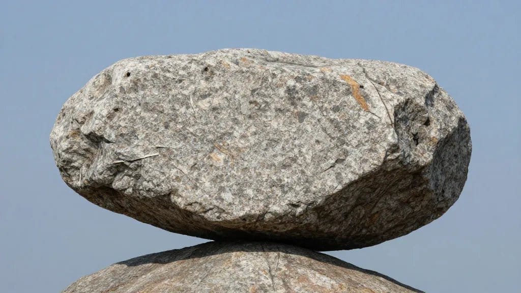 Closeup of a granite balancing rock on needle-thin pedestal