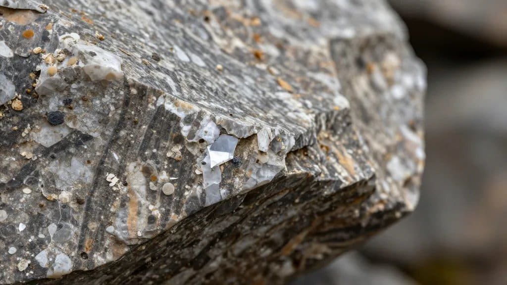 Macro shot of quartz-veined boulder edge defying gravity