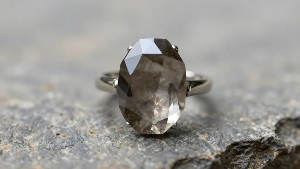 Closeup of faceted smoky quartz ring on weathered stone surface