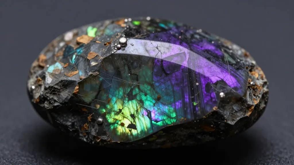 Macro of rainbow obsidian revealing iridescent purple-green sheen